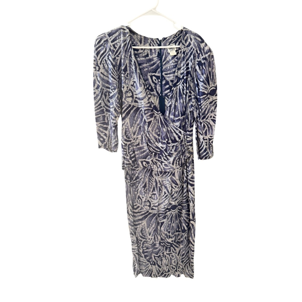 Oops California Vintage‎ 80s Blue Abstract Batik Rayon Wrap Midi Dress 13/14